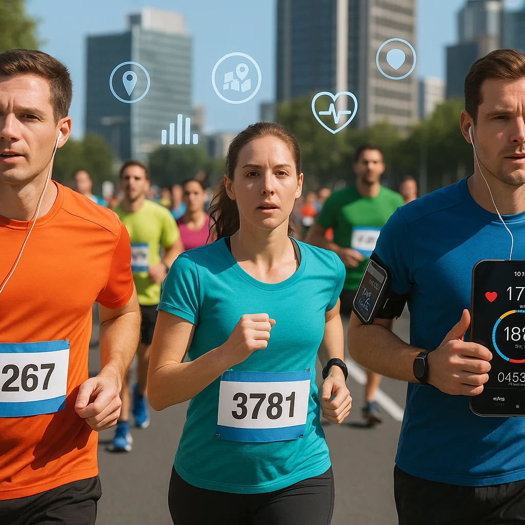 Grupo de corredores participando de uma corrida urbana com tecnologias vestíveis, sensores e painéis digitais, representando o futuro dos eventos esportivos de massa